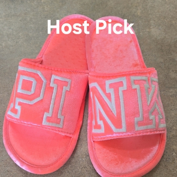 PINK Victoria's Secret Shoes - PINK Victoria's Secret Pink Logo Velvety Plush Slide Slippers